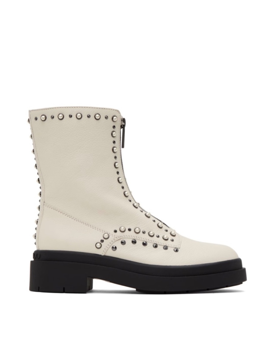 Jimmy Choo Nola Leather Pearl Studded Zip Flat Platform Boot Latte Off White NWT